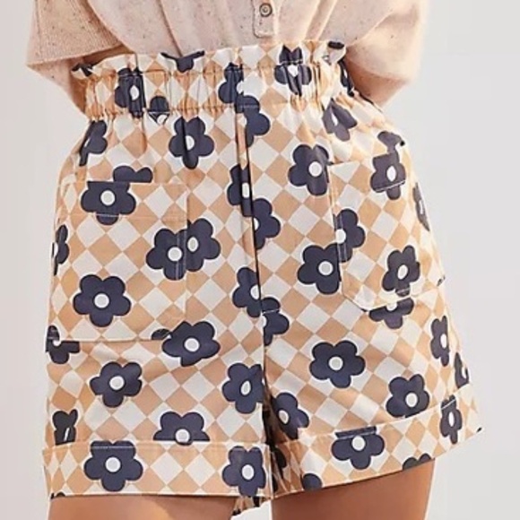 Maeve by Anthropologie Retro Floral Argyle Elastic Waist Paperbag Shorts Size M - Picture 15 of 15